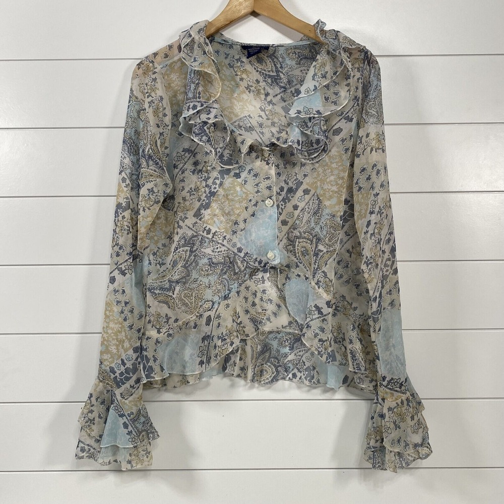 Rag Womens‎ Paisley Sheer Ruffle Y2K Long Sleeve Blouse sz M Blue Boho Fairy